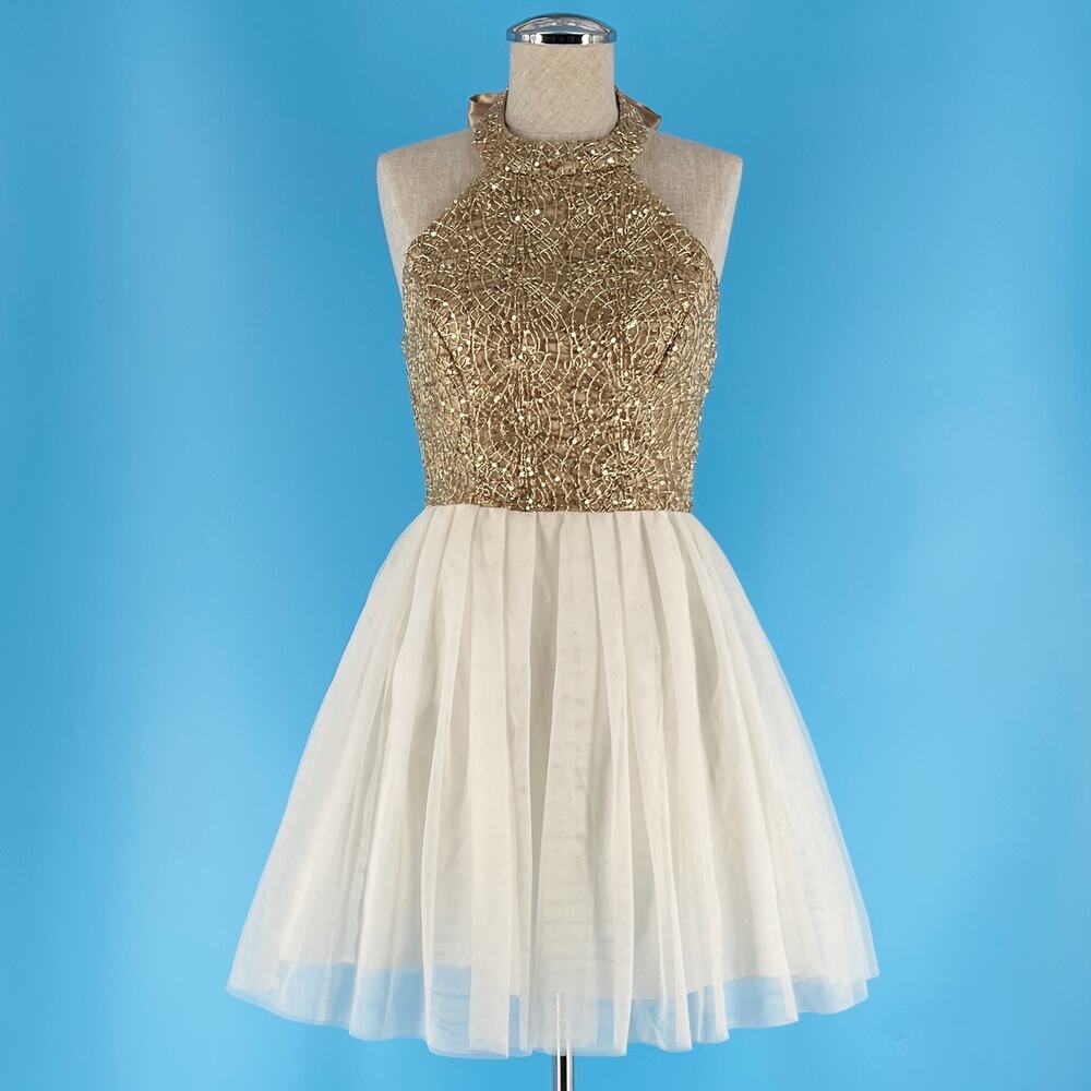Gold & white prom party cocktail dress
